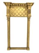 Regency gilt wood and gesso framed pier glass mirror, globular projecting cornice, barley twist upri