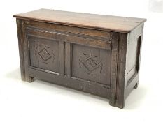 18th century oak coffer, the later top lifting to reveal plain interior, two lozenge carved panels t