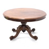 Victorian mahogany breakfast table, circular moulded tilt top on turned pedestal, four shaped out sp