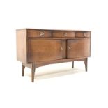 Mid century oak bow front sideboard by Harris Lebus, fitted with three drawers and two cupboards, ra