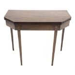 George III Sheraton style mahogany and boxwood strung tea table, the rectangular fold over top with