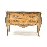 Late 19th century French Kingwood commode, with red marble top over two drawers, inlaid with floral