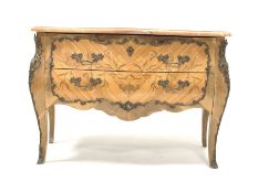 Late 19th century French Kingwood commode, with red marble top over two drawers, inlaid with floral