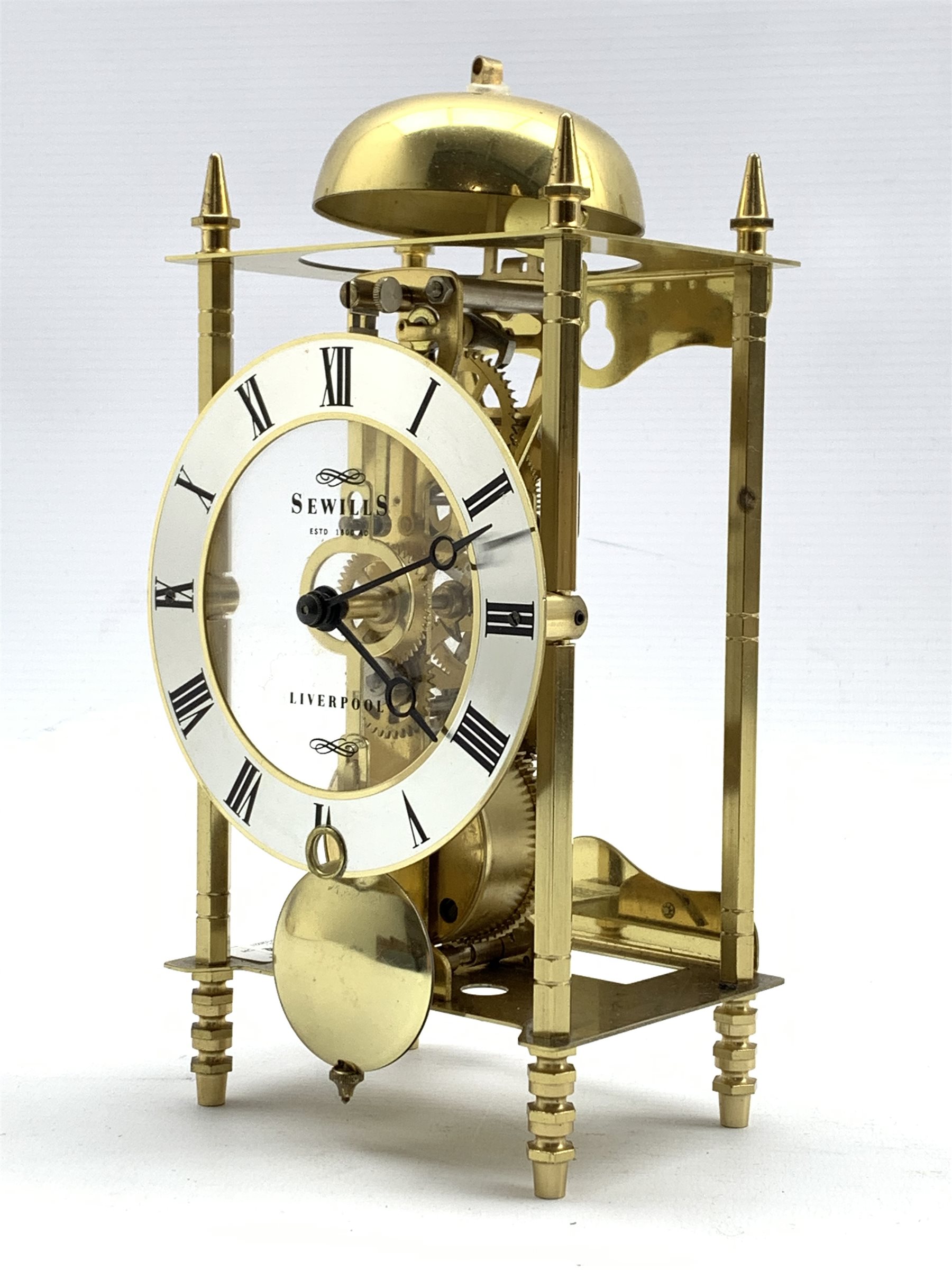 Sewills of Liverpool brass skeleton lantern clock, 30 hour movement with passing strike, silvered di