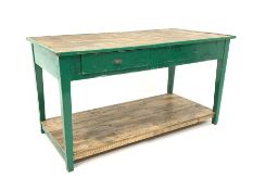 Late 19th century painted pine kitchen work table. Fitted with two drawers and raised on square tape