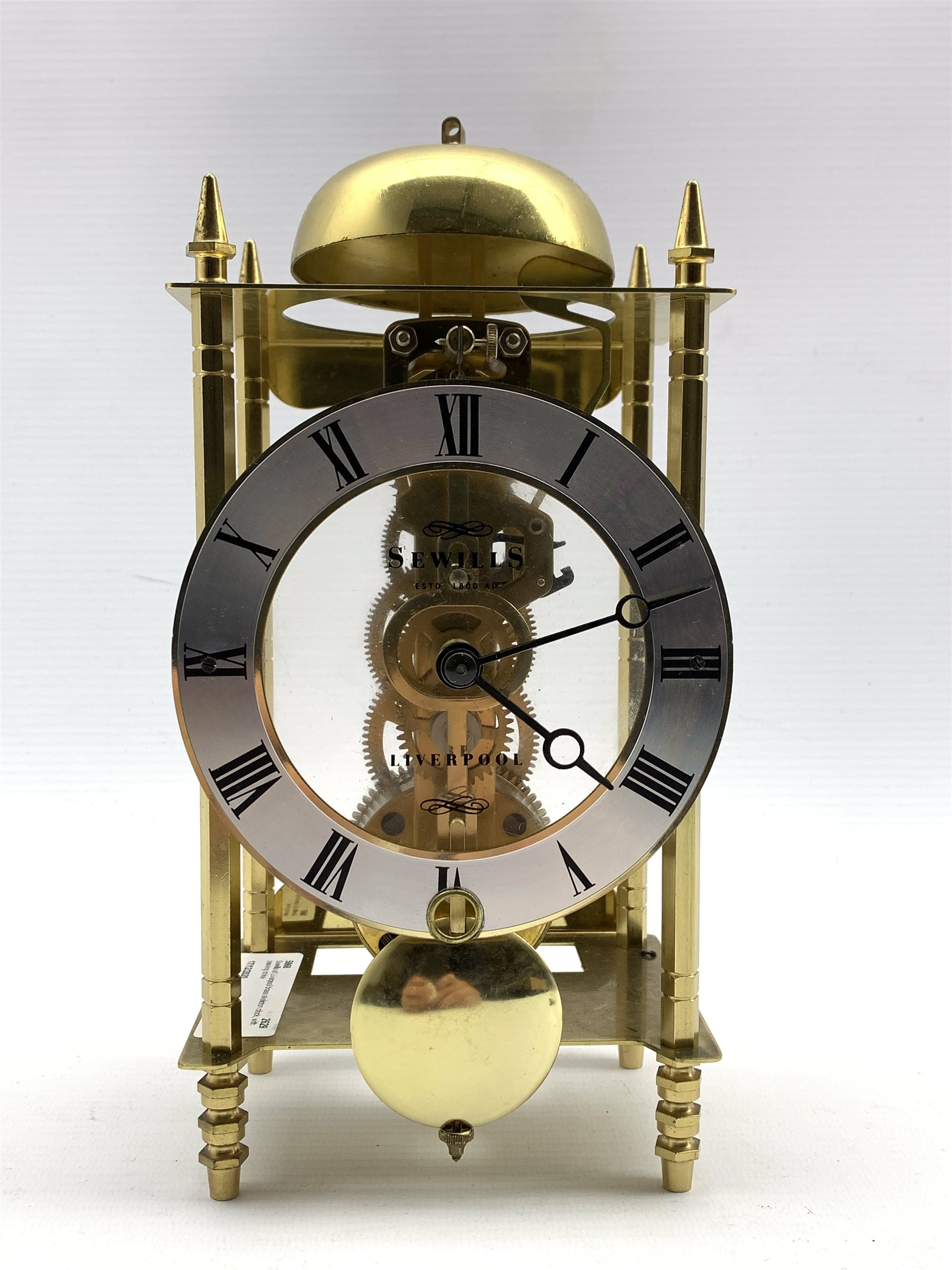 Sewills of Liverpool brass skeleton lantern clock, 30 hour movement with passing strike, silvered di - Image 2 of 2