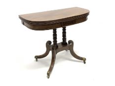 Georgian mahogany tea table, demi-lune fold over top with reeded moulding, sectional cockbeaded frie