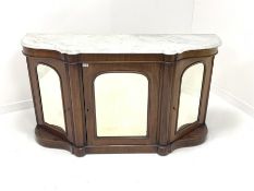 Victorian mahogany serpentine front sideboard, shaped white marble top over three arched mirrored cu
