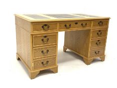 LE-AL Furniture of Manchester 20th century light oak twin pedestal desk with triple inset leather to