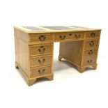 LE-AL Furniture of Manchester 20th century light oak twin pedestal desk with triple inset leather to