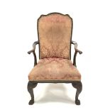 18th century walnut open armchair, shaped cresting rail over seat and back upholstered in red silk d