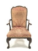 18th century walnut open armchair, shaped cresting rail over seat and back upholstered in red silk d