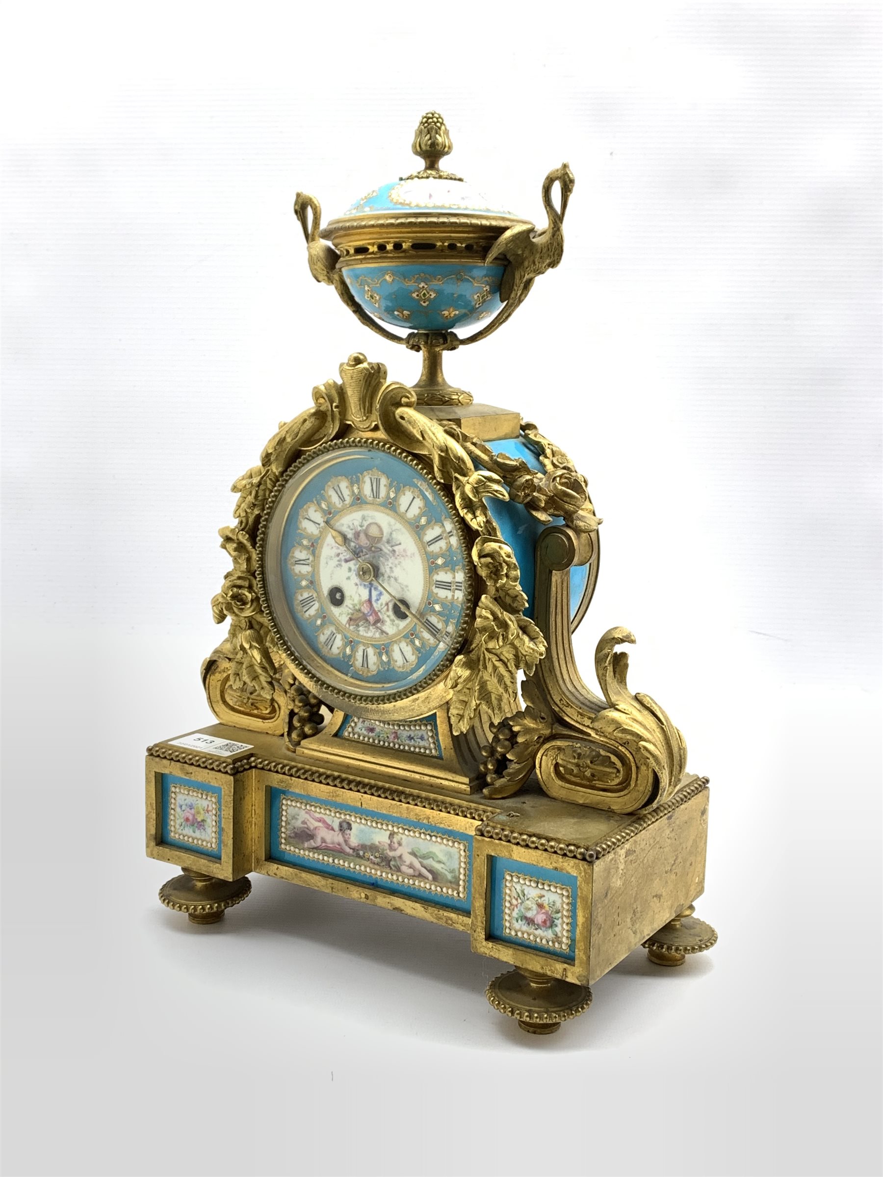 19th century French mantel clock, gilt metal with urn finial over case profusely decorated with a fl - Image 2 of 3