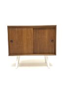 Mid century Danish teak PS systems cabinet, with two sliding doors, raised on tapered white supports