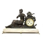 Late Victorian figural spelter mantle clock signed Mourey, white enamel dial with Arabic chapter rin