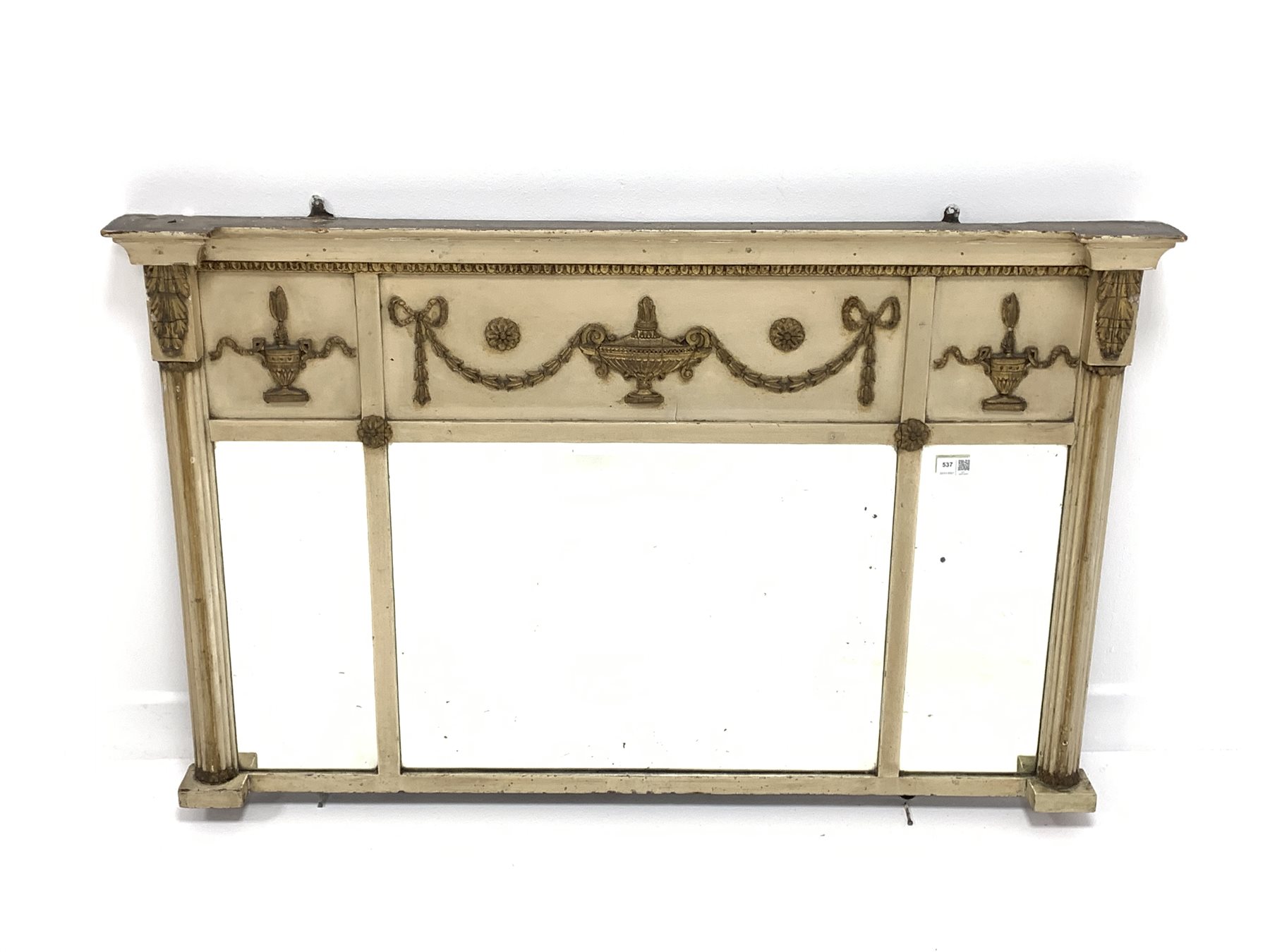 Regency white painted over mantel mirror, decorated with gilt painted leaves, urns and swags, with t