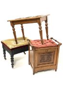 Late Victorian walnut stool, upholstered top, fall front correspondents shelving, turned supports (W