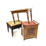 Late Victorian walnut stool, upholstered top, fall front correspondents shelving, turned supports (W