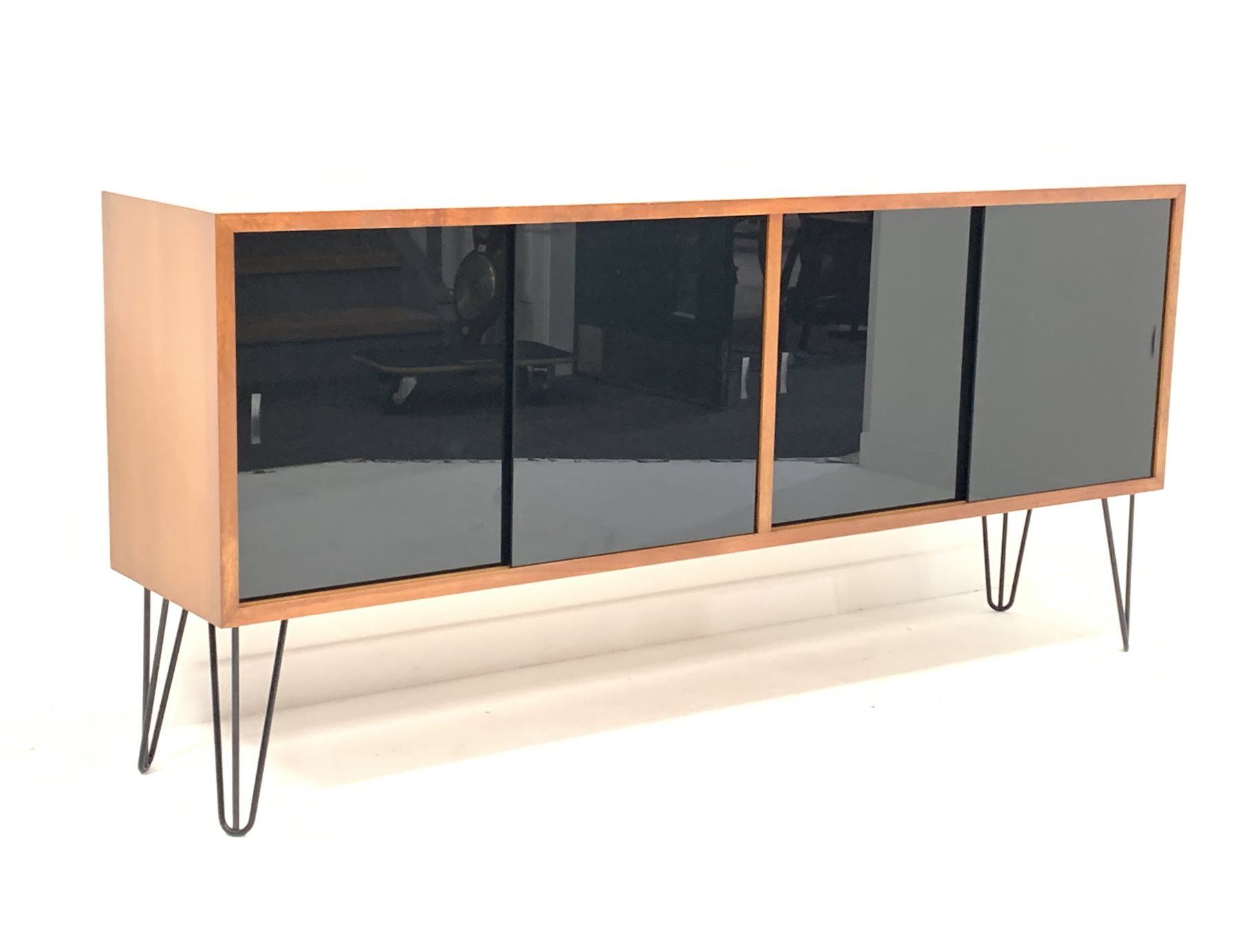 Mid century teak sideboard, fitted with four black lacquered glazed sliding doors enclosing adjustab - Image 3 of 5