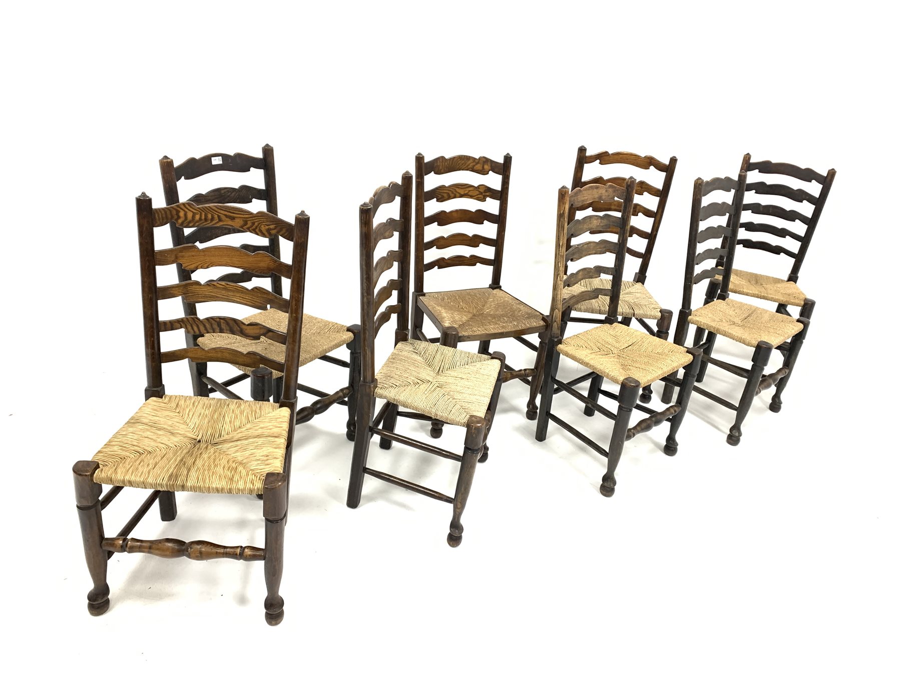 Harlequin set of eight 19th century oak ladder back chairs, with rush seats and turned supports, W49 - Image 3 of 3