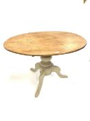 Victorian oval pine breakfast table, baluster turned pillar on three splayed supports, W119cm