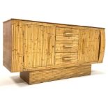 Angraves - Mid century oak and split bamboo sideboard, with glazed top over two cupboards and three
