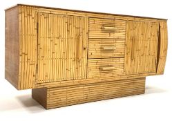 Angraves - Mid century oak and split bamboo sideboard, with glazed top over two cupboards and three