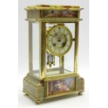 Late 19th century onyx and gilt metal four glass mantel clock, Sevres hand painted porcelain panels