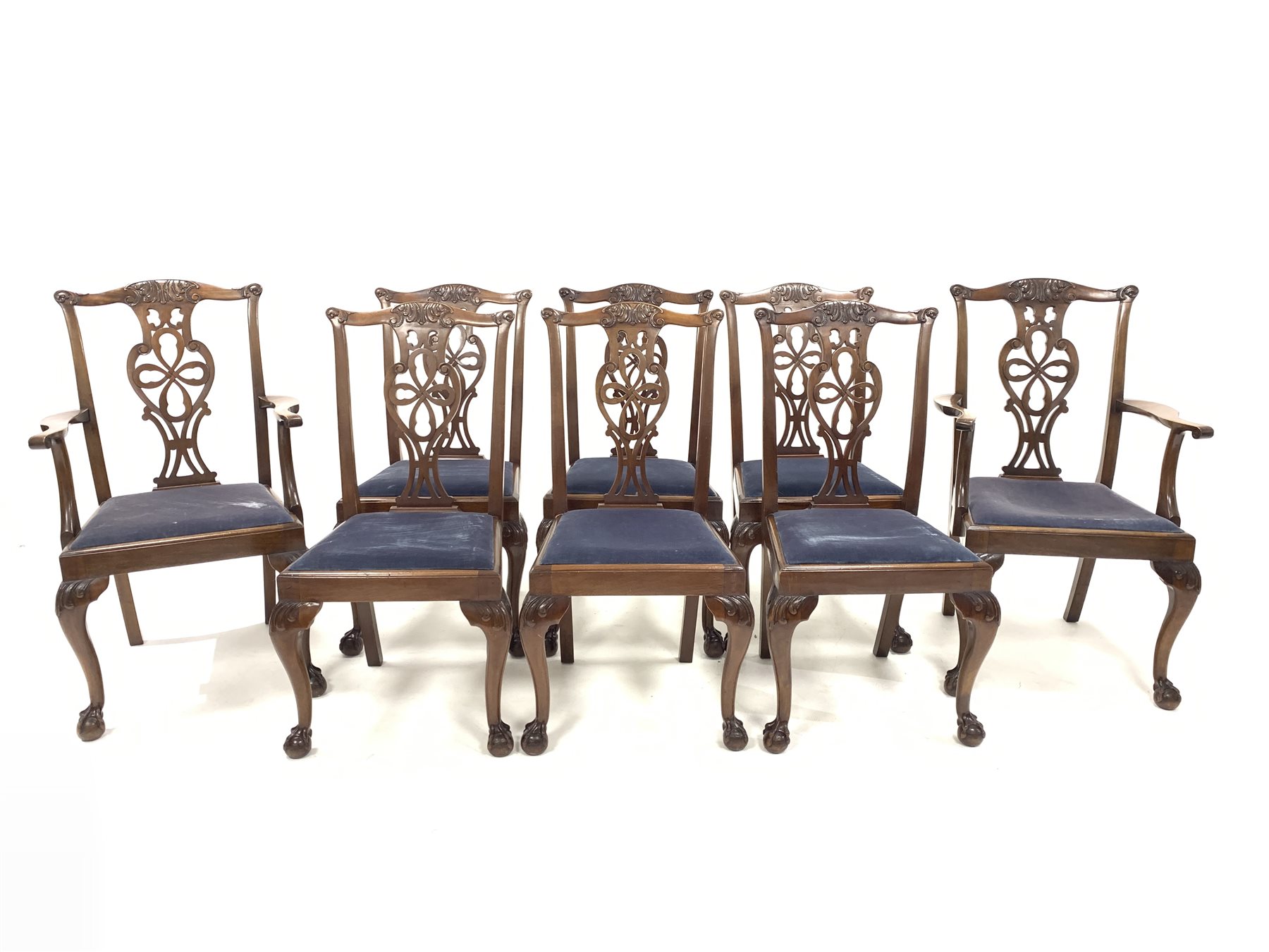 Set eight (6+2) Georgian style mahogany dining chairs, with floral carved cresting rail over pierced