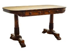 Regency rosewood rectangular Library table, two real and two false frieze drawers with anthemion car