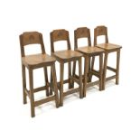'Catman' set of four Yorkshire oak bar stools, back rest carved with Yorkshire rose roundel, shaped
