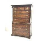 George III mahogany chest on chest, the upper section with dentil cornice and canted corners fitted
