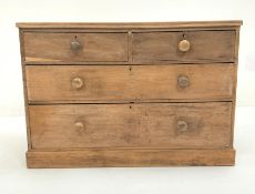 20th century pine chest fitted with two short and two long drawers, raised on plinth base, W119cm, H