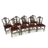 Set eight (6+2) mahogany Hepplewhite style shield back dining chairs, pierced and fluted splats carv