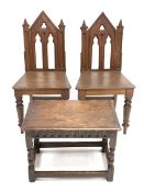 Pair of Victorian oak hall chairs of Gothic design, (W44cm) together with an 18th century style oak