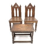 Pair of Victorian oak hall chairs of Gothic design, (W44cm) together with an 18th century style oak