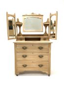 Edwardian satin walnut dressing chest, the top section fitted with three swing mirrors and two trink