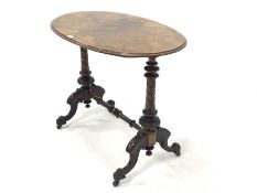 Victorian figured walnut oval stretcher table, quarter sawn veneered top over spiral turned uprights