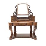 Victorian mahogany duchess dressing table with arched swing mirror over trinket drawers. Serpentine