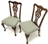 Pair early 20th century Chippendale style mahogany chairs, the shaped cresting rail relief carved wi