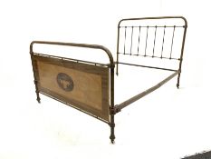 Early 20th century scumbled cast iron 4ft6" bed frame with cross banded walnut banner with inlay rai