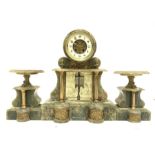 Large Victorian onyx garniture, comprising of clock with white enamel dial and Arabic chapter ring,