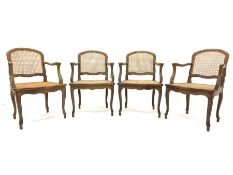 Set four French style berg�re open armchairs, beech framed with cane work seats and backs, cabriole