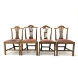 Matched set of four early 19th century oak dining chairs, pierced splats, upholstered drop in seat p