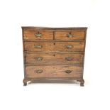 George III mahogany chest of three long and two short graduated drawers, raised on ogee bracket supp