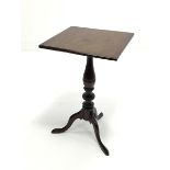 19th century mahogany tripod table with square top, turned supports with three out splay supports, 4
