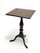 19th century mahogany tripod table with square top, turned supports with three out splay supports, 4