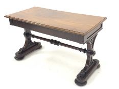 Victorian mahogany stretcher table, fitted with two frieze drawers, raised on peirced panel end supp