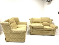 Pair two seat sofa upholstered in gold diamond fabric, W170cm
