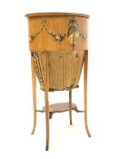 Edwardian satinwood Sheraton revival work table, hand painted with floral and husk garlands and oval